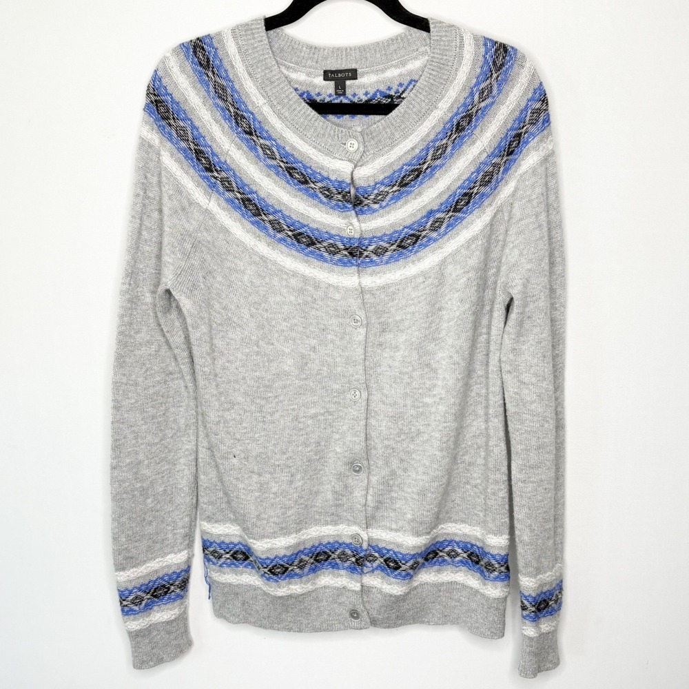 Talbots Cardigan Sweater Fair Isle Lambswool Blend Size L Button Front Gray Blue